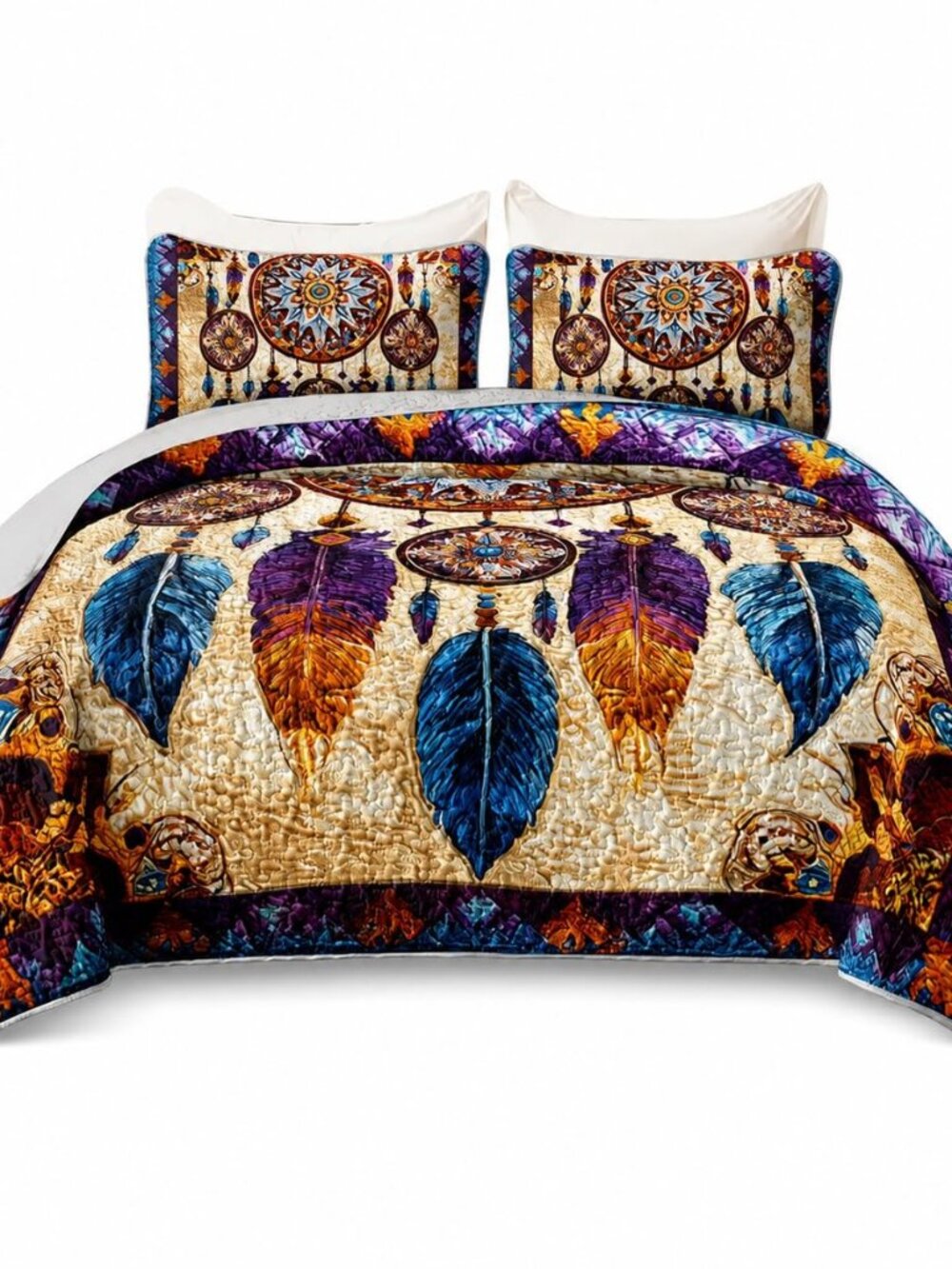 Dreamcatcher King Quilt Set 3-Piece - Colorful Feather & Mandala Bohemian Soft